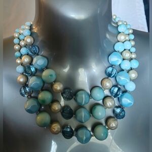 JAPAN Mid-Century Three Strand Blue White Silver Faux Pearl Set